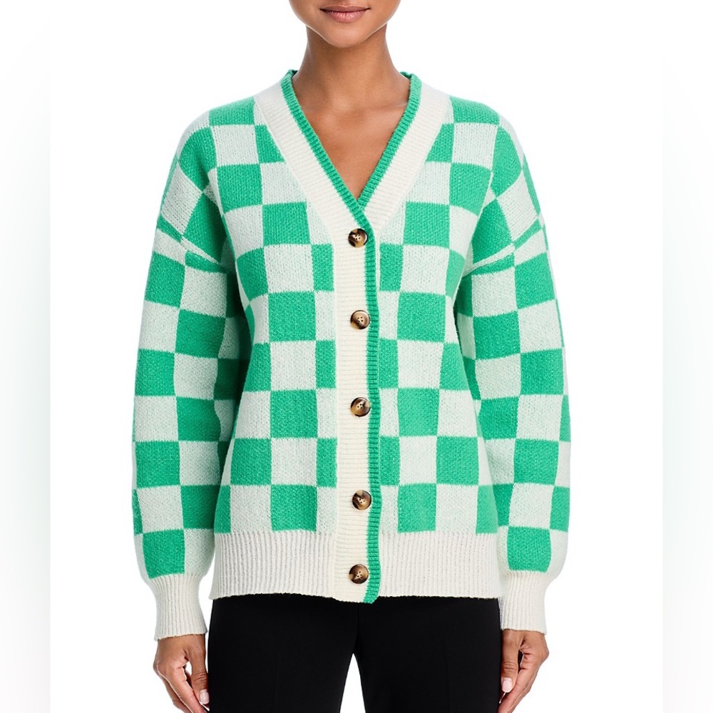 Aqua V-Neck Button Up Mint Green White Checkerboard Sweater Cardigan Large Retro